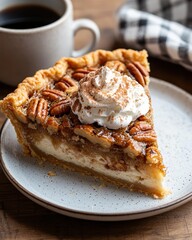 Wall Mural - Delicious pecan pie slice with whipped cream