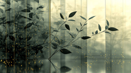 Canvas Print - Silhouetted leaves reflected in a glass pane.