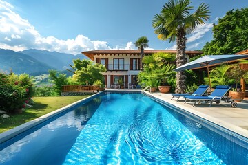 Swimming pool with sun loungers on the background of the sea.