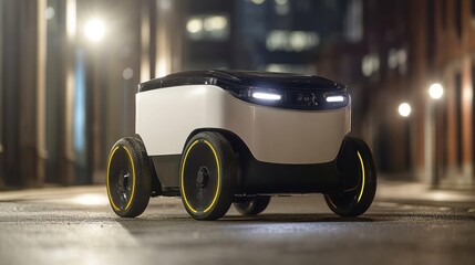 A delivery robot navigating a city street at night with illuminated features.