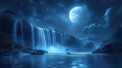 Canvas Print - Serene Waterfall Under a Full Moon