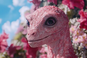 Poster - close-up of a pink gecko in a floral environment