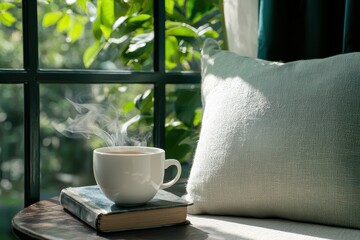 Wall Mural - cozy indoor scene with coffee, book, and nature view