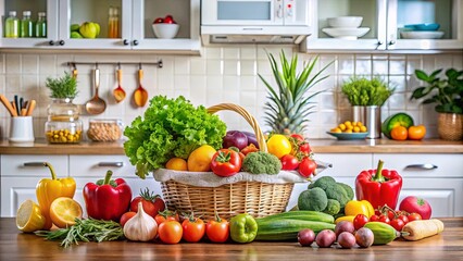 Wall Mural - A Vibrant Display of Fresh Produce in a Kitchen Setting, Featuring a Basket Filled with Colorful Vegetables and Fruits, Arranged on a Wooden Countertop