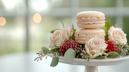 Poster - Delicate macarons and fresh flowers on a cake stand