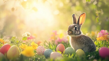 Soft-focus background with a bunny, colorful eggs, and bright flowers in a sunlit field.