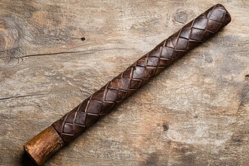 Poster - Braided leather strap on wooden background