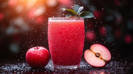 A refreshing glass of apple juice with a splash of water and two ripe apples in a rustic setting.