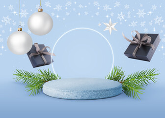 Sticker - Stage for stylish presentation with Christmas balls, snowflakes, empty podium, fir tree branches and gift boxes on light blue background. New Year poster or sale flyer design