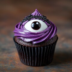 Wall Mural - Spooky Halloween cupcake with purple frosting and eye decoration