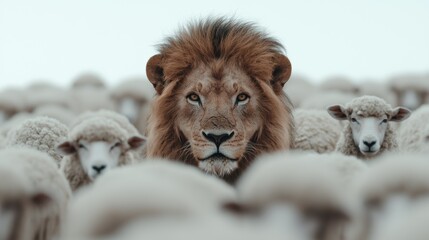 Poster - lion among sheep in snowy field