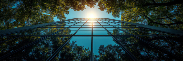 Canvas Print - A modern skyscraper reflects the surrounding trees, creating a stunning visual.