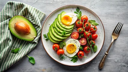 A plate of sliced avocado, cherry tomatoes, and two poached eggs, arranged in a visually appealing way.  The plate is placed on a wooden table, along with a striped towel and a fork.