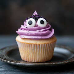 Wall Mural - Cute monster cupcake with purple frosting and sprinkles