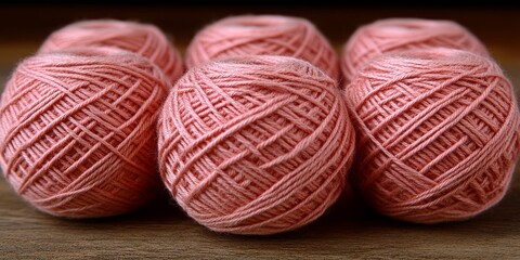 Wall Mural - A Close-Up of Pink Yarn Balls Arranged in a Row, Featuring a Detailed Texture and Subtle Light Reflection