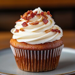 Delicious bacon-topped cupcake with creamy frosting