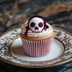 Wall Mural - Spooky skull cupcake on ornate plate