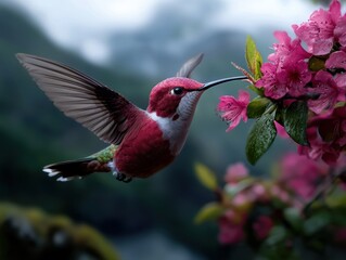 Poster - Vibrant hummingbird feeding on pink flowers