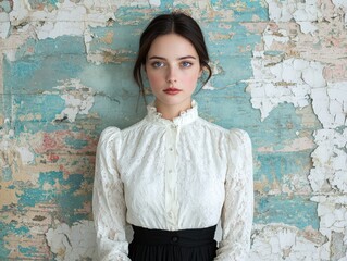 Sticker - young woman in white lace blouse standing against distressed wall