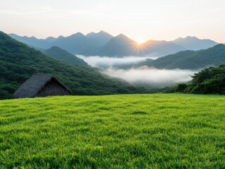 Sticker - Scenic mountain landscape with traditional hut and misty sunrise