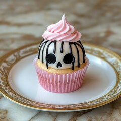 Sticker - Spooky skull cupcake with pink frosting