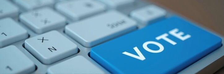 Wall Mural - Close-up of a computer keyboard featuring a prominent blue key labeled VOTE, symbolizing digital voting and civic engagement in the modern era.