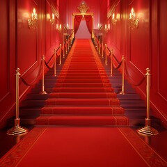 Red carpet with golden stanchions on red stairs.