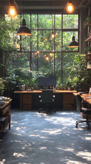 Sticker - Modern office with a large window overlooking a lush green garden.