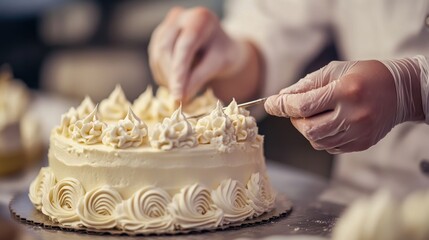 Poster - Baker Decorates Cake with White Frosting