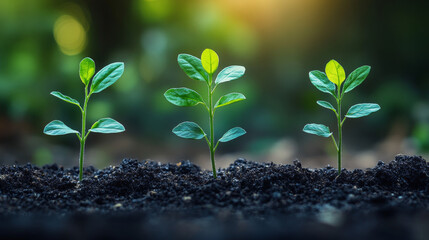 Canvas Print - Three young saplings growing in the soil with a bright green bokeh in the background.