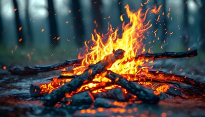 Captivating bonfire illuminating the night with vibrant flames in a serene outdoor environment