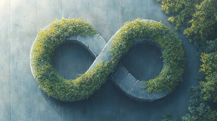 Wall Mural - A stone infinity symbol covered in green vines.