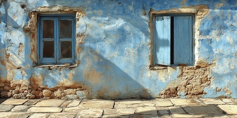 A weathered blue wall with two windows, one with glass panes and the other with wooden shutters, casting shadows on the stone pavement below.