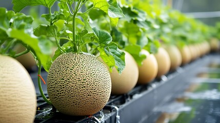 Wall Mural - Close-Up of a Ripe Cantaloupe in a Greenhouse