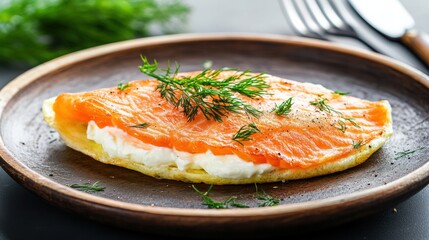 Wall Mural - Delicious Omelet with Smoked Salmon and Fresh Herbs