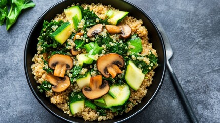 Wall Mural - Healthy Quinoa Bowl with Greens and Mushrooms