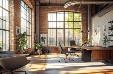 Sticker - Modern Industrial Office with Sunlight Streaming Through Large Windows