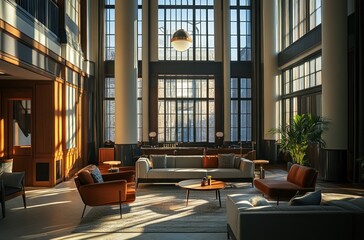 Wall Mural - Modern Lobby with Sunlight Streaming Through Large Windows