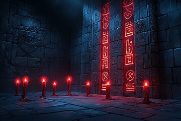 Aufkleber - A dark ritual scene where glowing red candles flicker in a shadowy chamber, casting eerie red light over the ancient symbols on the walls, in a candle fantasy artwork illustration