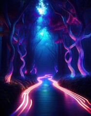 Wall Mural - Neon path in a glowing forest