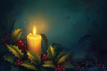 A single lit candle surrounded by holly leaves and berries, symbolizing hope and warmth during the Christmas season