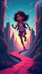 A vibrant illustration of a joyful girl running along a pink path in a cityscape, evoking feelings of adventure and curiosity.