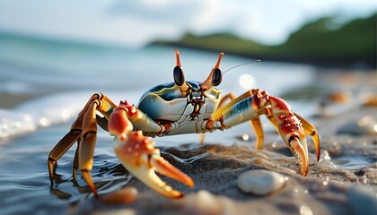 Joyful air crab frolicking on the beach, playfully swimming and exploring the sandy shore