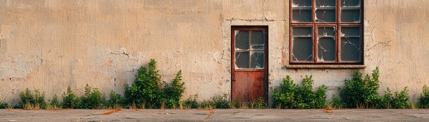 An aged wall with an old door and overgrown greenery, capturing the beauty of urban decay and nature's reclamation.