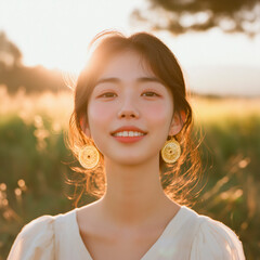 cute asian girl with golden earrings posing with sunset in the background