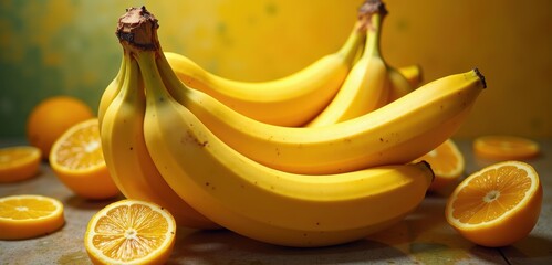 Fresh bananas and oranges beautifully arranged, ideal for food-related projects, marketing, or healthy lifestyle promotions.