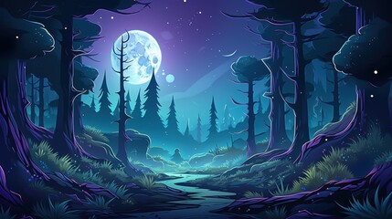 Wall Mural - A Moonlit Forest Path with a Winding Stream