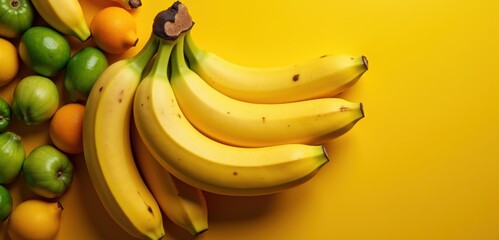 Wall Mural - Fresh bananas and citrus fruits arranged on a vibrant yellow background, perfect for food branding, nutrition, or health-related projects.