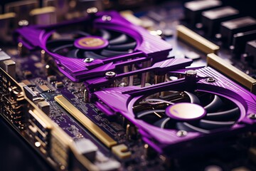 Poster - Close-up of purple graphics cards on a modern motherboard in a dimly lit computer setting