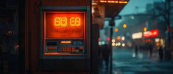 A vintage digital clock displays the time in a city with rain, blurred lights, and pedestrian traffic.